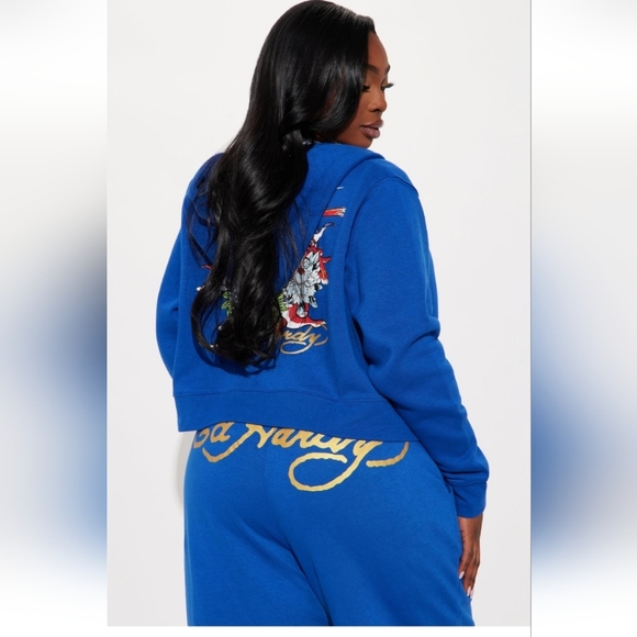 Ed Hardy Tiger Lotus Ed Hardy Zip Front Hoodie - Cobalt Blue Size 1X (NWOT) - Picture 5 of 13